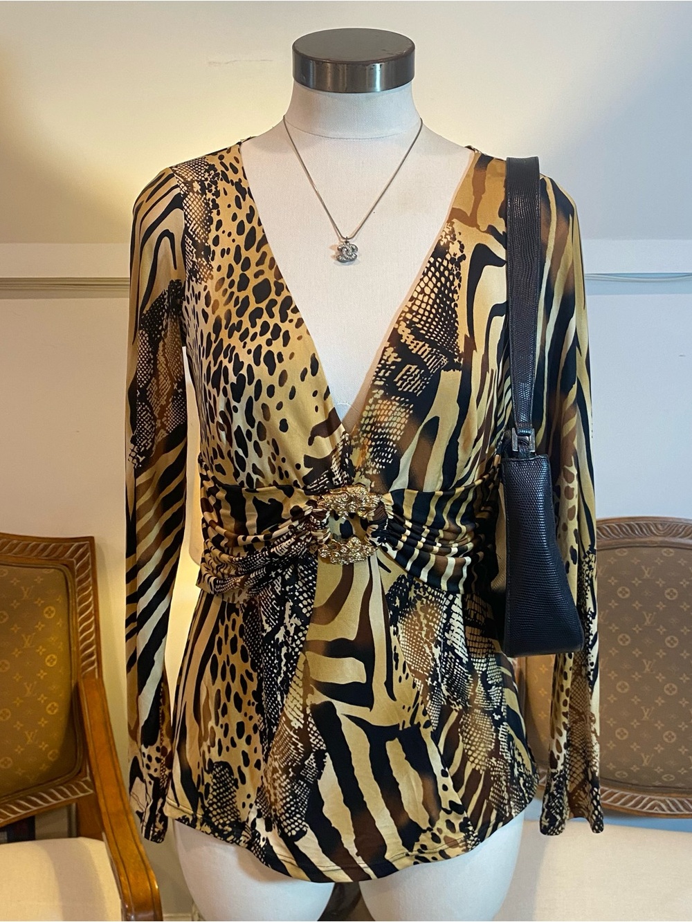 Vintage 90s Cache Animal Print Long Sleeve Top in Brown Black & Tan